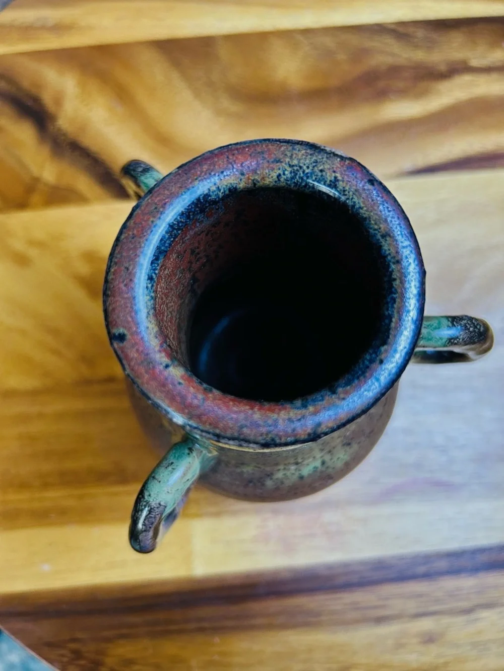 Triple Handle Studio Pottery Vase Signed Speckled Earth‎ Tone Rustic Green Beige